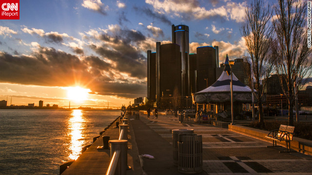 The sun sets behind Detroit's skyline in this lovely shot from the riverfront. See more images on <a href='http://ireport.cnn.com/docs/DOC-912229'>CNN iReport</a>.