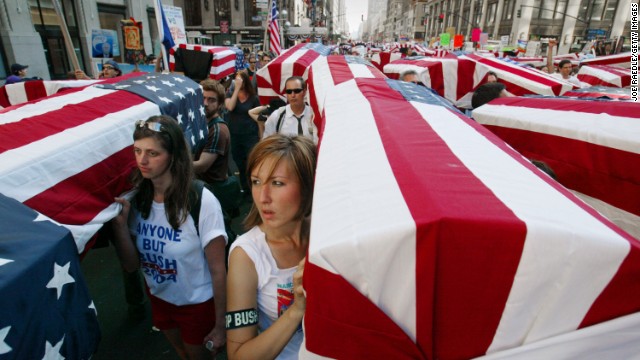 Anti-war protesters in New York carry mock coffins draped with U.S. flags on August 29, 2004. Thousands took part in demonstrations outside Madison Square Garden on the eve of the Republican National Convention.