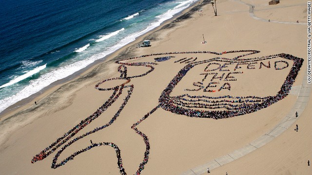 Los Angeles, June 2012: More than 5,000 children, teachers and volunteers form a massive kid-designed shark and shield on World Oceans Day. This year's event takes place on June 8. 