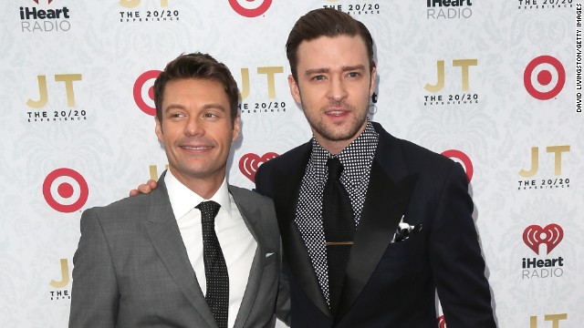 Ryan Seacrest poses with Timberlake at the iHeartRadio "20/20" album release party on March 18 in Los Angeles.