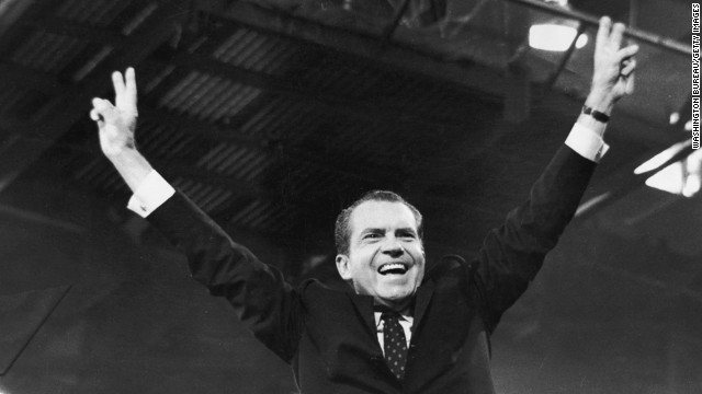 Richard Nixon gives the "V" for victory sign after receiving the presidential nomination at the Republican National Convention in 1968. After serving as Dwight Eisenhower's vice president, Nixon lost the presidential election to John F. Kennedy in 1960, and then lost the governor's race in California in 1962. However, in 1968, he got the GOP nomination and defeated Hubert Humphrey in the general election.