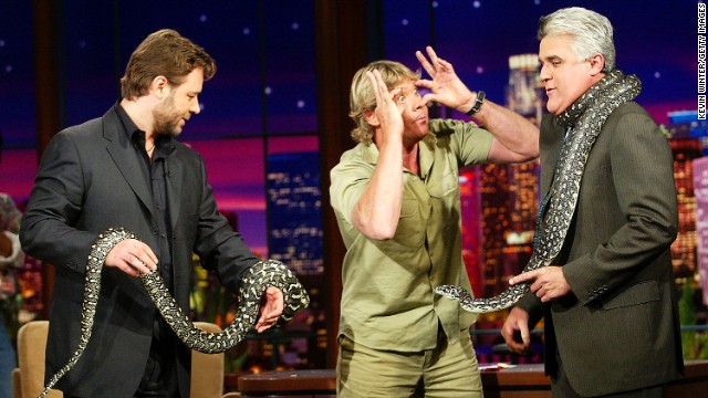 Actor Russell Crowe, left, and "Crocodile Hunter" Steve Irwin with Leno on November 6, 2003.