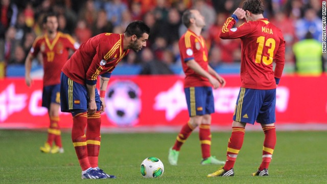 Spain's players show their disappointment after conceding a late equalizer at home to Finland in a World Cup qualifier in Gijon. 
