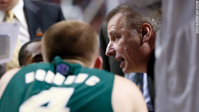 Colorado State head coach Larry Eustachy talks to his players during a timeout in the first half against Louisville on March 23.