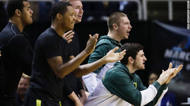 The Oregon bench reacts in the first half against Saint Louis on March 23.