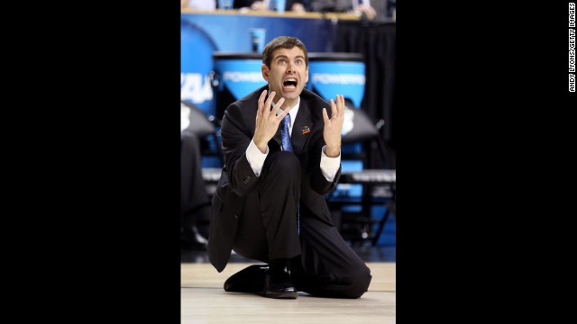 Head coach Brad Stevens of Butler reacts after a crucial basket is reversed and a foul is called against Marquette on March 23.