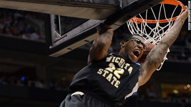 Carl Hall of Wichita State dunks while taking on the Gonzaga Bulldogs on March 23.