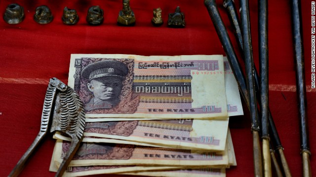 Old Burmese money shows the picture of Aung San, a leader in Burma's struggle for independence and father of Nobel Prize winner Aung San Suu Kyi. This money was abolished by Gen. Ne Win, who ruled over Burma for 26 years.