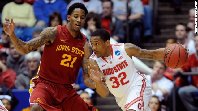 Lenzelle Smith Jr. of Ohio State handles the ball against Will Clyburn of Iowa State on March 24.