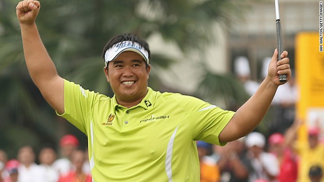 Thai golfer Kiradech Aphibarnrat celebrates after winning the Malaysian Open at Kuala Lumpur Golf & Country Club on Sunday.
