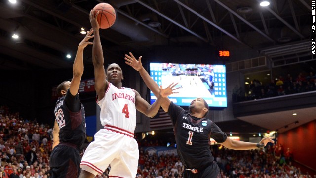 Victor Oladipo of Indiana drives to the basket against Rahlir Hollis-Jefferson, left, and Khalif Wyatt of Temple on March 24.