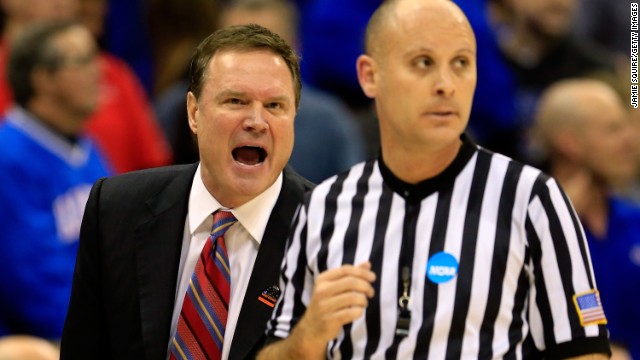 Head coach Bill Self of Kansas yells at a referee in the first half on March 24.