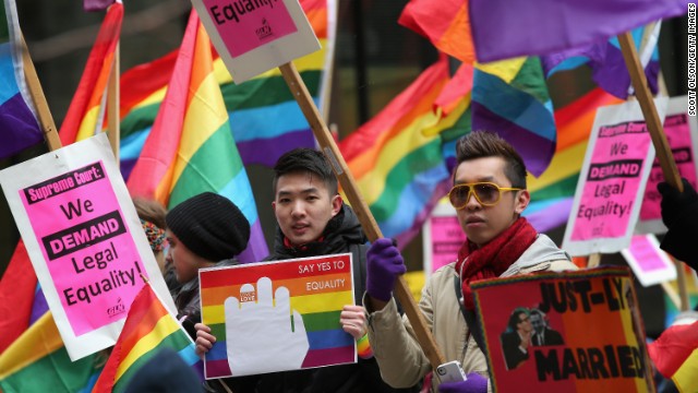 Gay rights activists gather on Monday in Chicago.