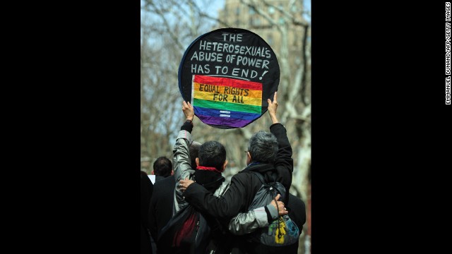 Marriage equality supporters take part in a march in New York on Sunday, March 24.