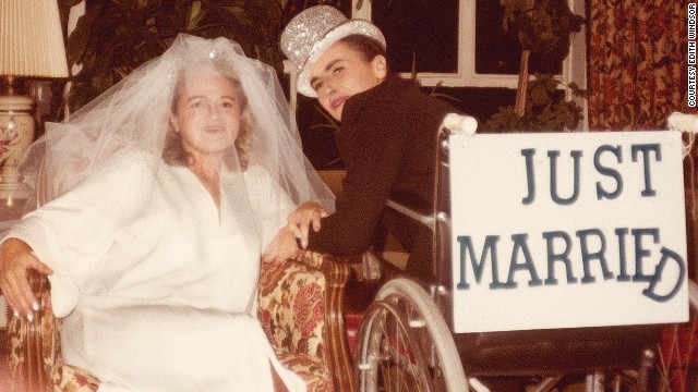 Edie and Thea dress for Halloween sometime in the 1980s, years before they really got married in Toronto, Canada, in 2007. Thea was in a wheelchair because of her MS.