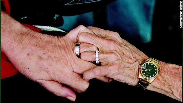 Edith (Edie) Windsor, on the right, holds hands with Thea Clara Spyer the day of their wedding, after 40 years together, on May 22, 2007. By then, Spyer was suffering from multiple sclerosis and could move only one finger.