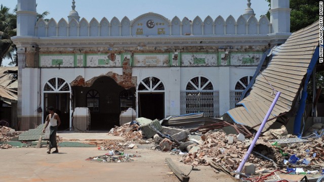 A partially-destroyed mosque in Gyobingauk, Bago division on March 28, 2013. 