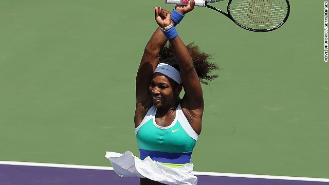 Serena Williams celebrates after beating Maria Sharapova in the Miami Masters final. 