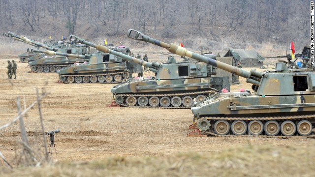 South Korean marines man K-55 self-propelled Howitzers at a military training field in the border city of Paju on Monday, April 1. Park Geun-hye, South Korea's new president, promised a strong military response to any North Korean provocation after North Korea announced that the two countries were in a state of war.