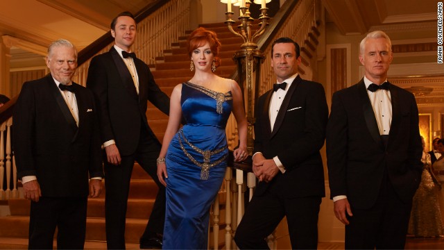 Bertram Cooper, Pete Campbell, Joan Harris, Don Draper and Roger Sterling pose during season 6 of "Mad Men."