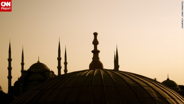 The Sultan Ahmed Mosque -- commonly called the "blue mosque" because of its vibrant blue tiles -- is silhouetted against the evening sky. See more photos from around Istanbul on <a href='http://ireport.cnn.com/docs/DOC-813845'>CNN iReport</a>.