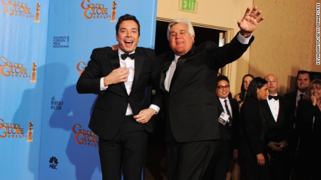 Leno is all smiles with Fallon, a fellow presenter at the 2013 Golden Globes, in January. In his opening monologue Wednesday night, April 3, Leno congratulated Fallon on his new job as "The Tonight Show" host.