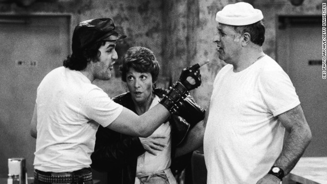 In an early acting gig, Leno plays a biker on the TV sitcom "Alice" with Linda Lavin and Vic Tayback.