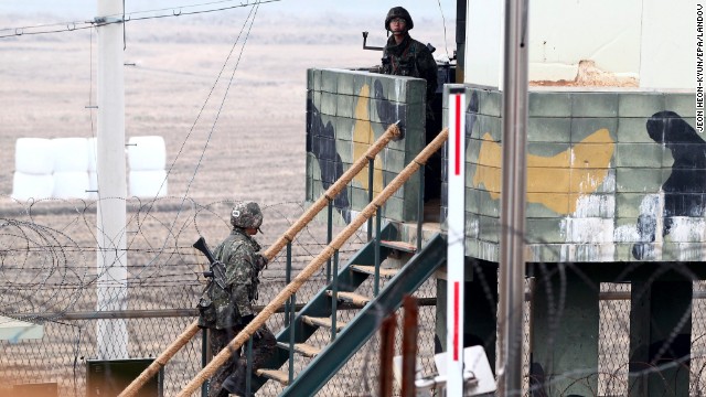 South Korean soldiers stand guard at a sentry post at the border with North Korea in the Demilitarized Zone near Imjingak, South Korea, on April 5, , as tensions have mounted on the Korean Peninsula.