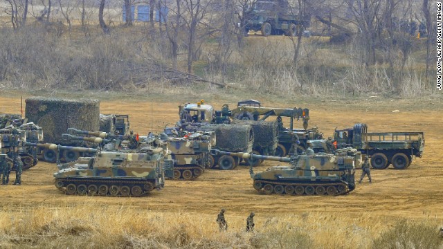 South Korean soldiers with K-55 self-propelled Howitzers stage at a military training field in the border city of Paju on Friday, April 5, as tensions continue to mount on the Korean peninsula.