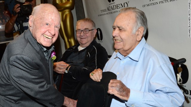 Mickey Rooney, left, and Marvin Kaplan join Winters for a July 2012 screening of "It's a Mad, Mad, Mad, Mad World" in Beverly Hills, California. Winters stood out in Stanley Kramer's 1963 comedy all-star film as a truck driver who destroys a gas station.<!-- -->
</br>