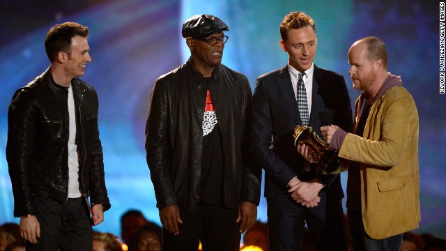 "The Avengers" crew -- including Chris Evans, Samuel L. Jackson, Tom Hiddleston and Joss Whedon -- accept movie of the year honors, prompting director Whedon to show off his wit: "What's the opposite of humbled?" he asked. "We're Biebered."