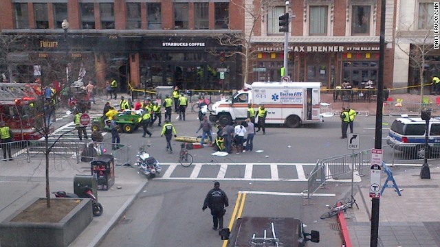 At least two explosions rocked the finish line at the Boston Marathon on Monday afternoon.