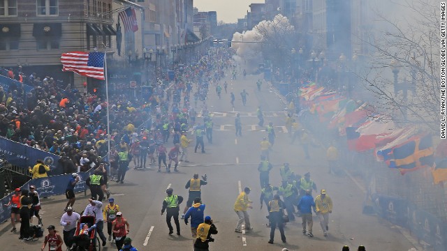 A second explosion goes off near the finish line of the 117th Boston Marathon on April 15, 2013. 