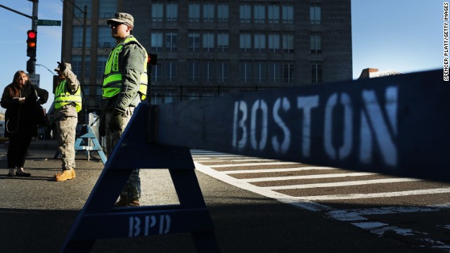 National Guard troops man a roadblock April 16.