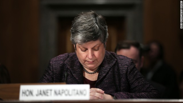 Homeland Security Secretary Janet Napolitano observes a moment of silence for victims of the Boston bombing during a hearing before the Senate Homeland Security and Governmental Affairs Committee on April 17.