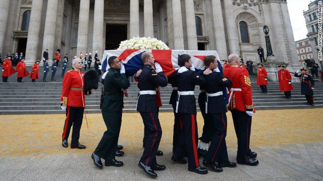 Members of the British armed services carry the coffin of former <a href='http://www.cnn.com/2013/04/17/world/europe/uk-margaret-thatcher-funeral/index.html'>Prime Minister Margaret Thatcher</a> away from St Paul's Cathedral in London after a ceremonial funeral on Wednesday, April 17. Thatcher, 87, died after a stroke on April 8. She was prime minister from 1979 to 1990.