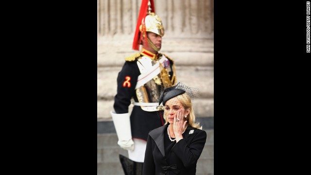 Sarah Thatcher, wife of Mark Thatcher, the late prime minister's son, leaves St Paul's Cathedral.