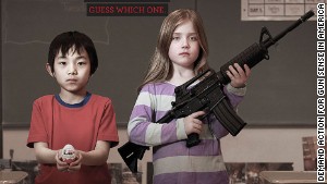 Moms for Gun Safety ran this ad, questioning why a type of chocolate is banned to protect kids but not assault weapons.