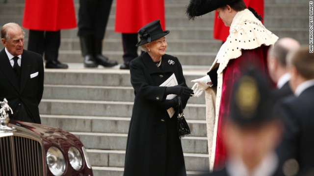Queen Elizabeth II leaves the funeral at St. Paul's Cathedral.