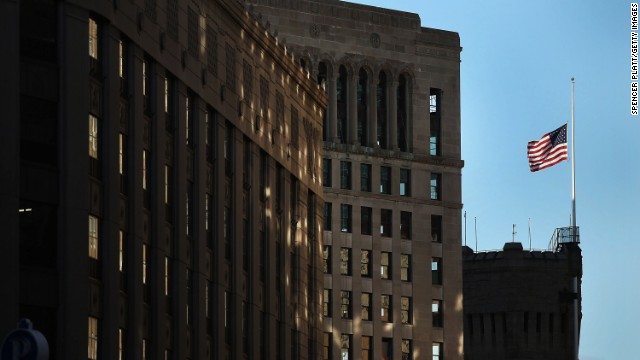 A flag flies at half staff on April 17 near the scene of the Boston Marathon bombings. 