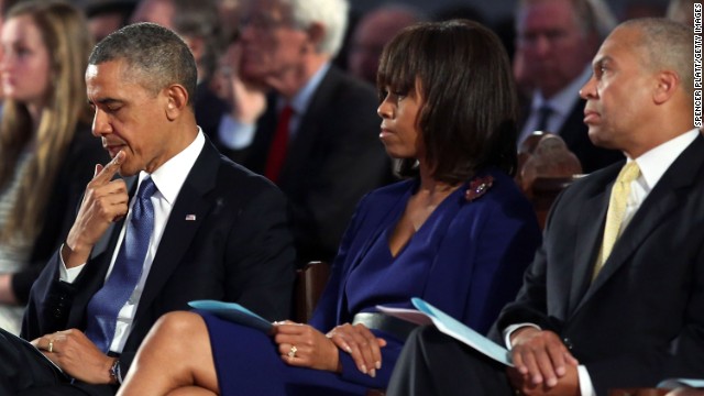 President Barack Obama, Michelle Obama and Massachusetts Gov. Deval Patrick attend the interfaith prayer service on April 18. 