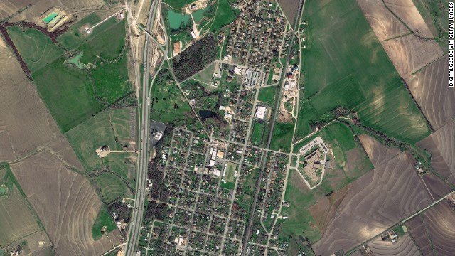 This satellite image shows West, Texas, as captured on January 30, 2012. The fertilizer plant is on the right center of the photo, just northeast of the oval track of the town's middle school.