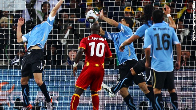 Suarez's reputation as a pantomime villain dates back to the 2010 World Cup in South Africa. The striker used his hand to block a goal-bound shot in the last minute of extra-time in a quarterfinal tie between Uruguay and Ghana. Suarez was given a red card and Ghana were awarded a penalty. But Asamoah Gyan missed the spot kick and Uruguay won the resulting penalty shootout to reach the semifinals, breaking African hearts in the process. Suarez also has previous when it comes to biting opponents, after he bit PSV's Otman Bakkal while playing for Ajax in November 2010. He was given a seven-match ban.