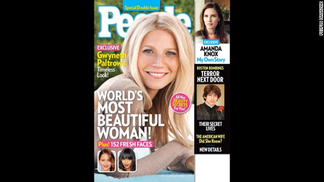 Gwyneth Paltrow lands on the cover of People magazine, earning the title of World's Most Beautiful Woman. The actress tells the magazine that at first she thought someone was playing a joke on her.