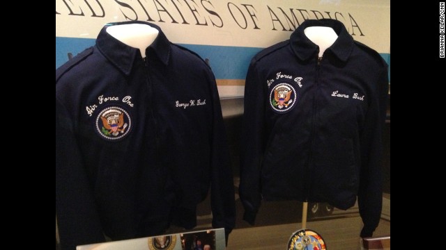 President Bush's and first lady Laura Bush's jackets for Air Force One are on display.