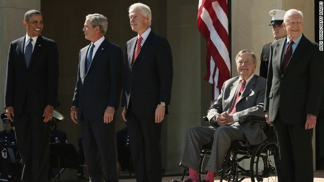 President Barack Obama and former presidents George W. Bush, Bill Clinton, George H.W. Bush and Jimmy Carter arrive on stage for the George W. Bush Presidential Center dedication ceremony in Dallas, on April 25. Only a few times in history have three or more American presidents been photographed together. Click through to see some of those historic moments.