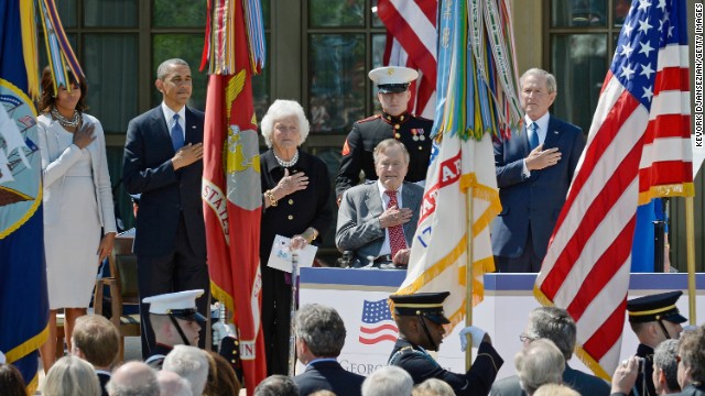 First lady Michelle Obama, President Barack Obama, former first lady Barbara Bush, former President George H.W. Bush and former President George W. Bush attend the opening ceremony of the George W. Bush Presidential Center on Thursday, April 25 in Dallas. Republicans and Democrats alike and world leaders were in attendance today during the official dedication of the facility.