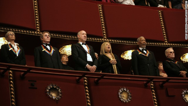 Twyla Tharp, left, Roger Daltrey, Pete Townshend, Barbra Streisand, Morgan Freeman and Jones stand as they are honored during the 2008 Kennedy Center Honors in Washington.