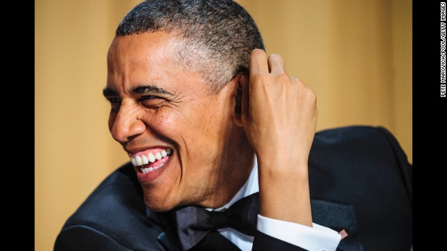 President Barack Obama laughs during the White House Correspondents' Dinner at the Washington Hilton on Saturday, April 27.