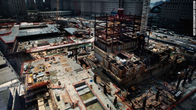 The superstructure of One World Trade Center is seen at ground zero on August 3, 2009.